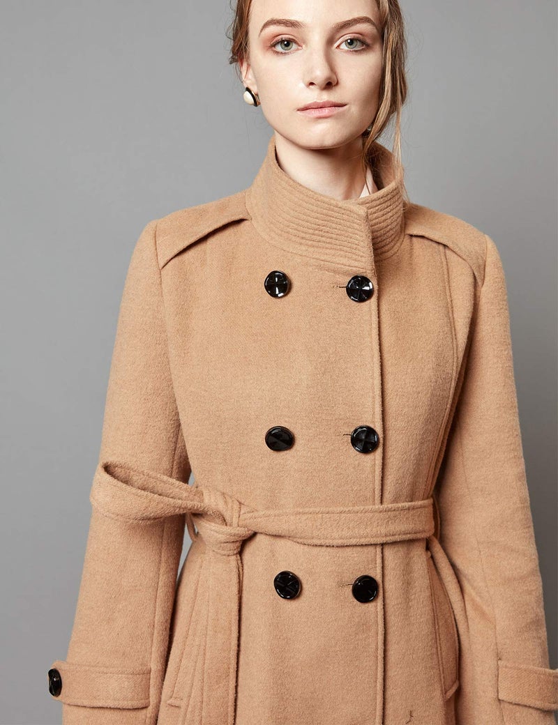 Escalier Women's Wool Trench Coat Winter Double-Breasted Jacket with Belts Camel S - Image 3